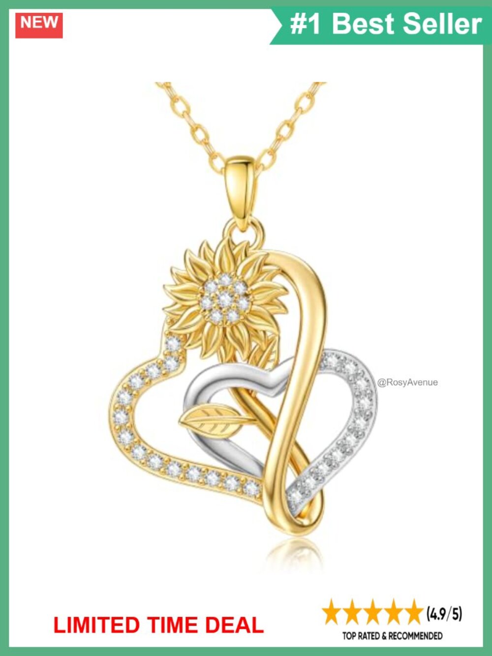 Gold Plated Sunflower Heart Pendant Necklace 18-20" Cubic Zirconia